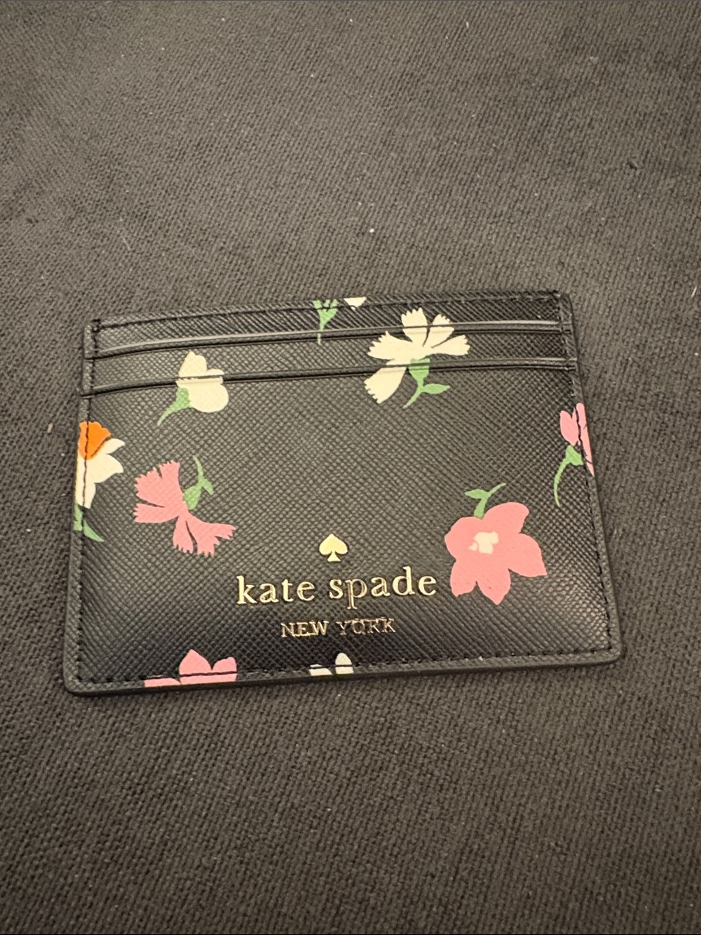 kate spade Black Floral Card Holder with Gold Logo